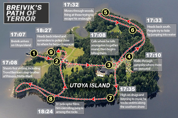 Breivik's Path of Terror on Utoya Island