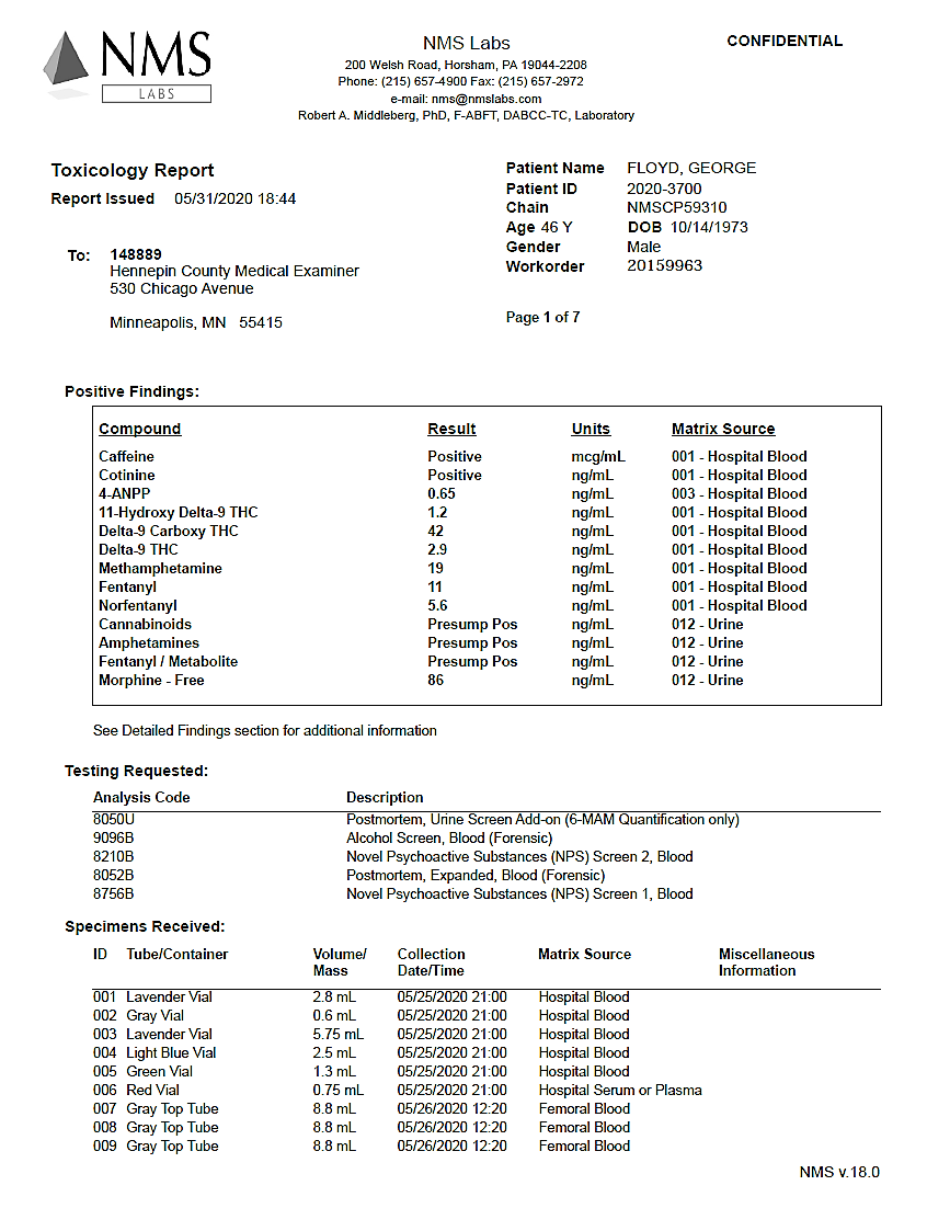 drug toxicology report sample