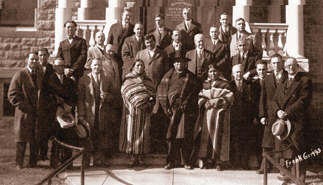 Osage Nation members gathering on steps of the Osage Indian Agency in Pawhuska in late 1920s (taken by Frank Griggs).